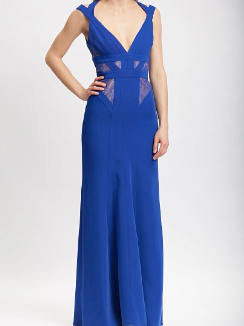 BCBGMaxAzria Royal Blue V-Neck Maxi Dress with Lace Insets